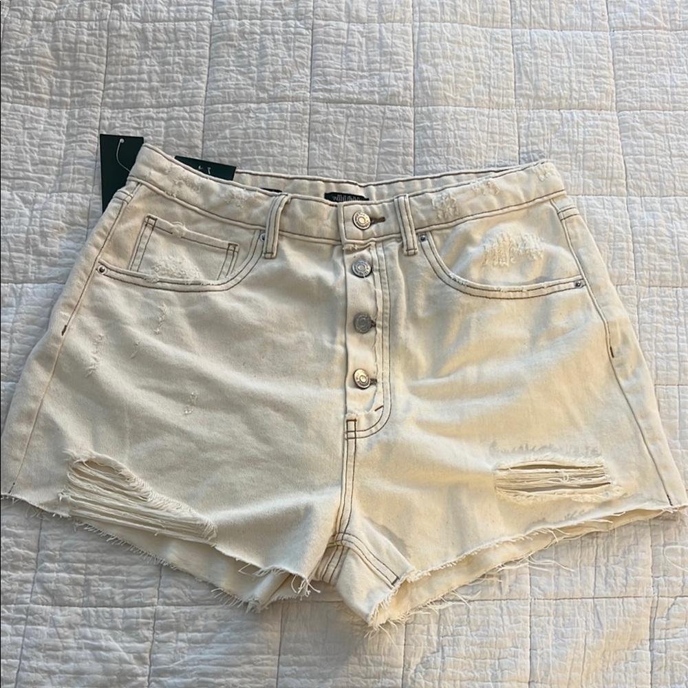 Women's Cream Distressed Denim Shorts